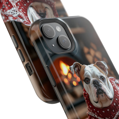 Cozy Bulldog in Sweater MagSafe iPhone Case – Festive Fireplace Protective Cover