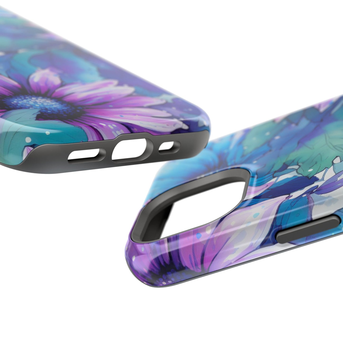 Purple & Teal Watercolor Floral MagSafe iPhone Case - Artistic Flower Design