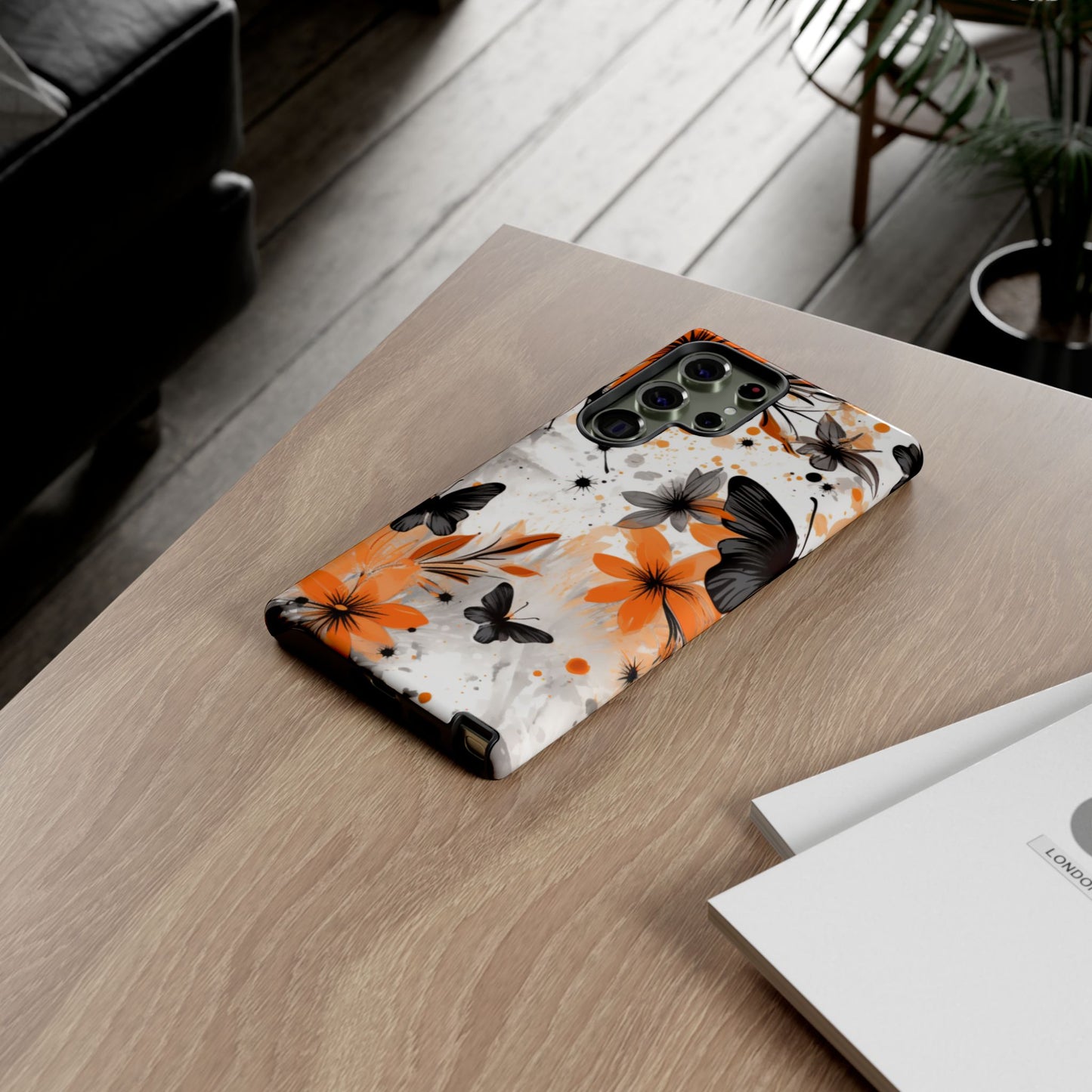 Orange Blossom & Black Butterfly Samsung Galaxy Case – Bold Floral Pattern with Modern Abstract Style