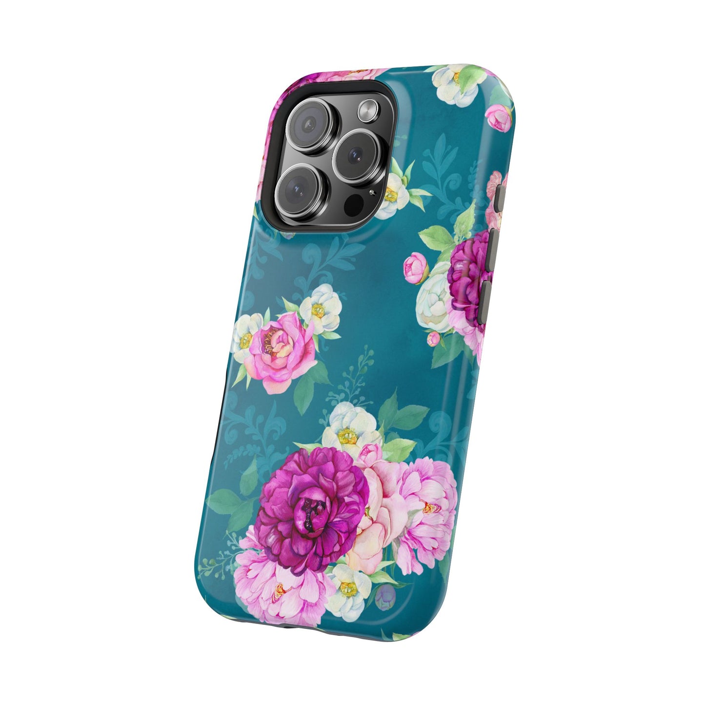 Elegant Peony Bouquet MagSafe iPhone Case – Deep Teal Background with Romantic Floral Design