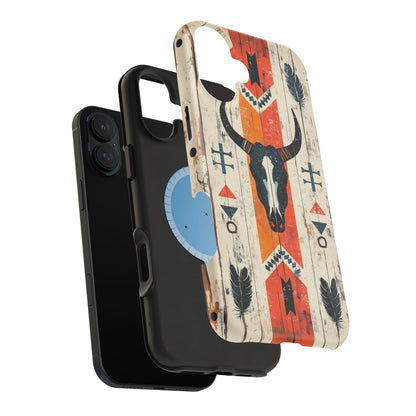 Rustic Western Bull Skull Tough MagSafe iPhone Case – Distressed Wood Design, Dual-Layer Protection