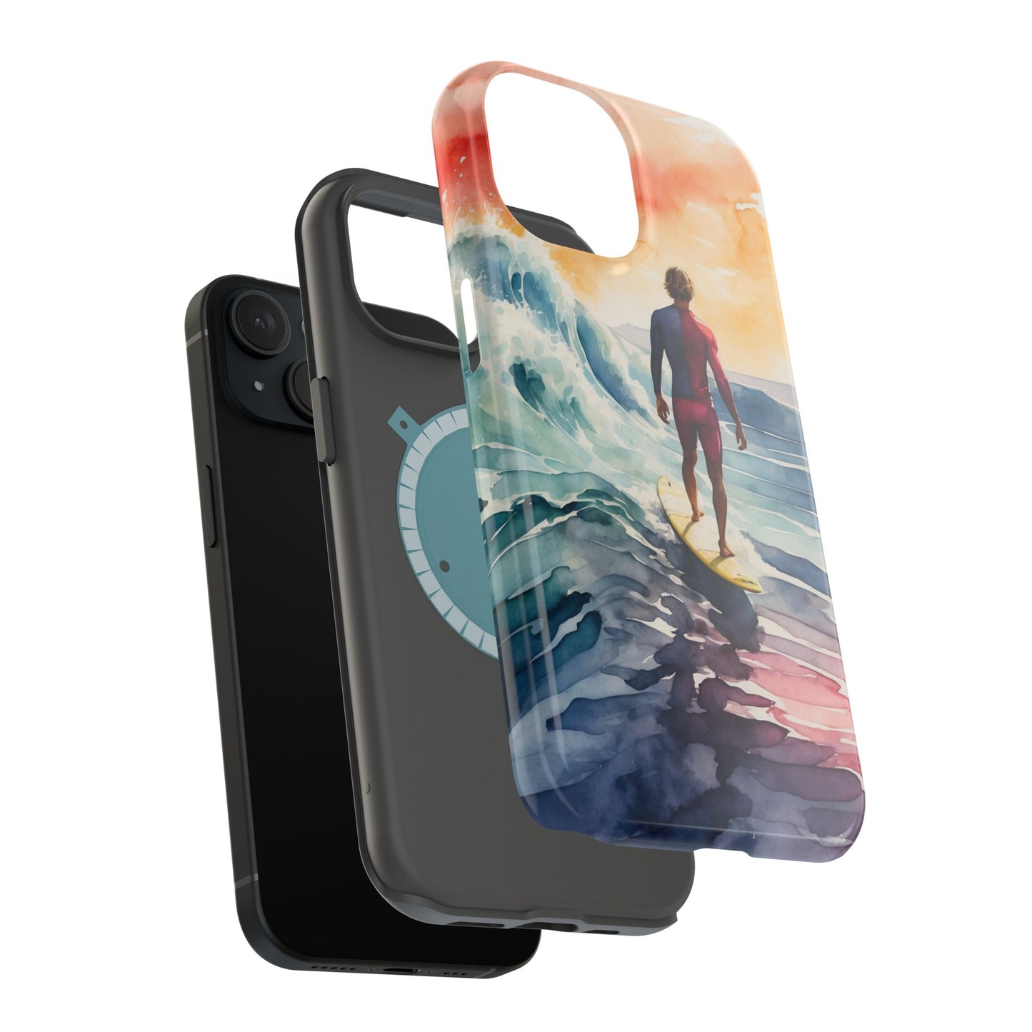 Surfer’s Sunset Wave MagSafe iPhone Case – Vibrant Watercolor Design