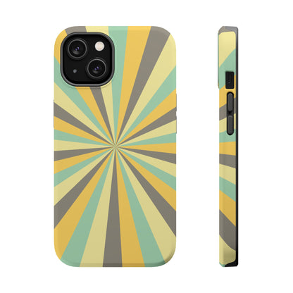 Vintage Sunburst Rays MagSafe iPhone Case – Bold 70s-Inspired Burst in Yellow, Mint, and Gray