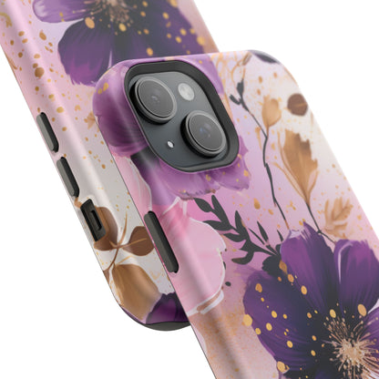 Elegant Purple & Gold Floral MagSafe iPhone Case - Luxe Flower Design