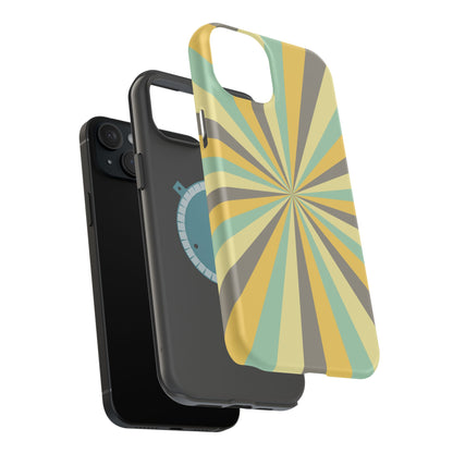 Vintage Sunburst Rays MagSafe iPhone Case – Bold 70s-Inspired Burst in Yellow, Mint, and Gray