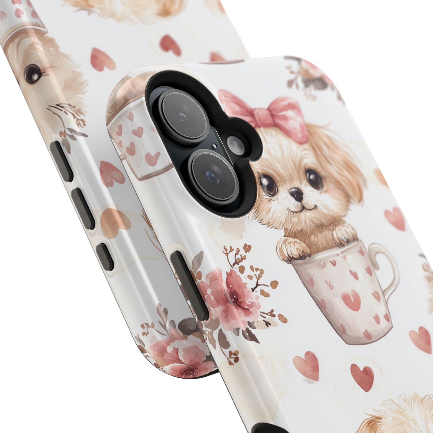 Cute Puppies in Heart MagSafe iPhone Case – Adorable Dog & Floral Design, Shockproof & Slim