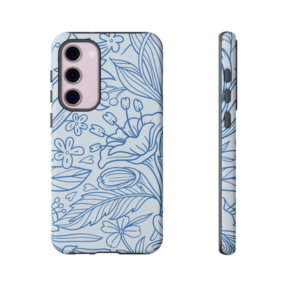 Dusty Blue Floral Line Art Tough Samsung Galaxy Case – Minimalist Botanical Design with Dual-Layer Protection