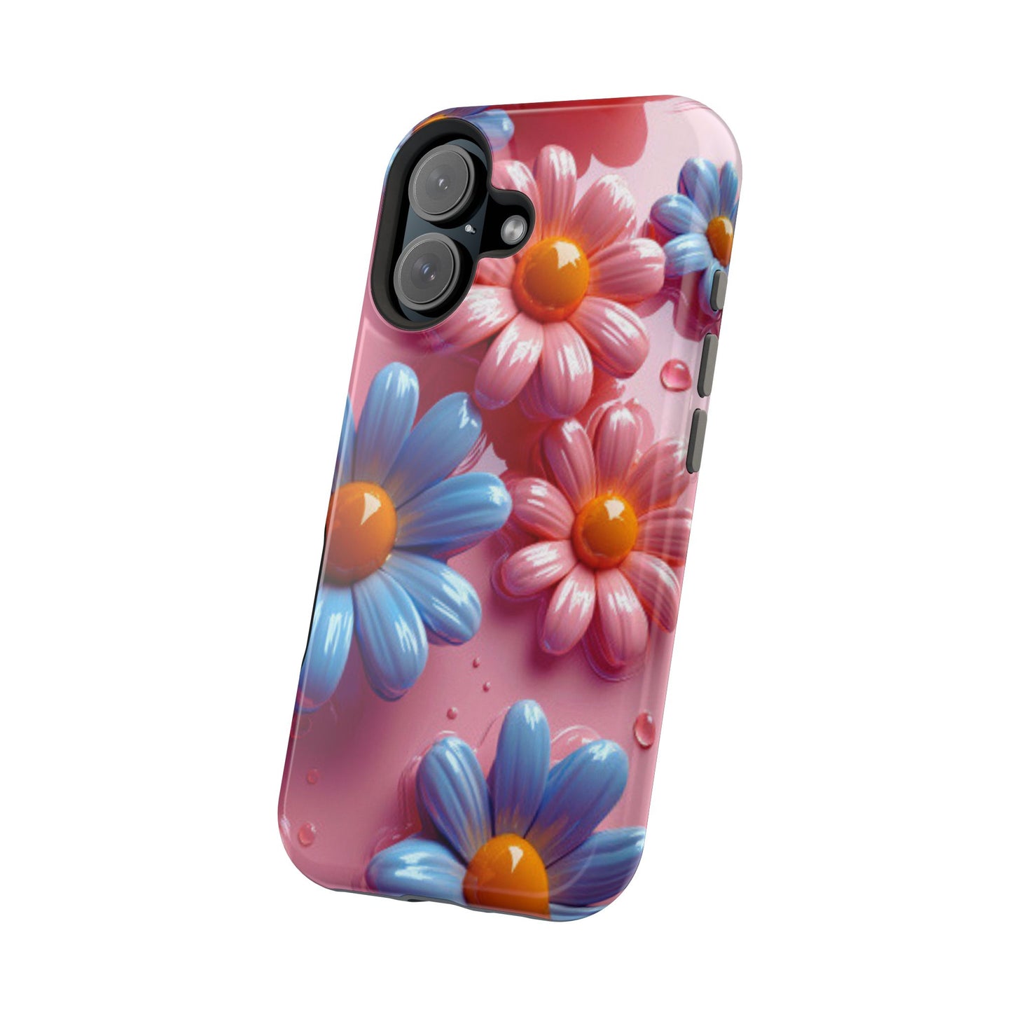 Pastel Daisy 3D MagSafe iPhone Case – Glossy Pink and Blue Floral Design, Full Protection