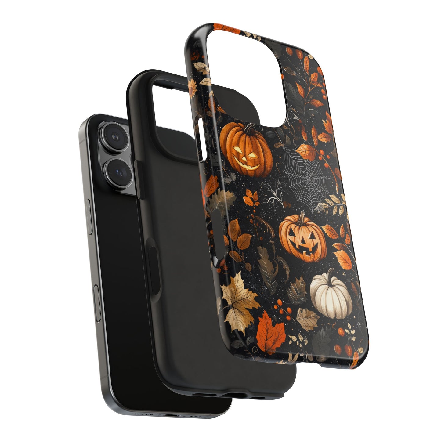 Elegant Halloween iPhone Case – Pumpkin Jack-o'-Lanterns, Cobwebs & Autumn Foliage Design