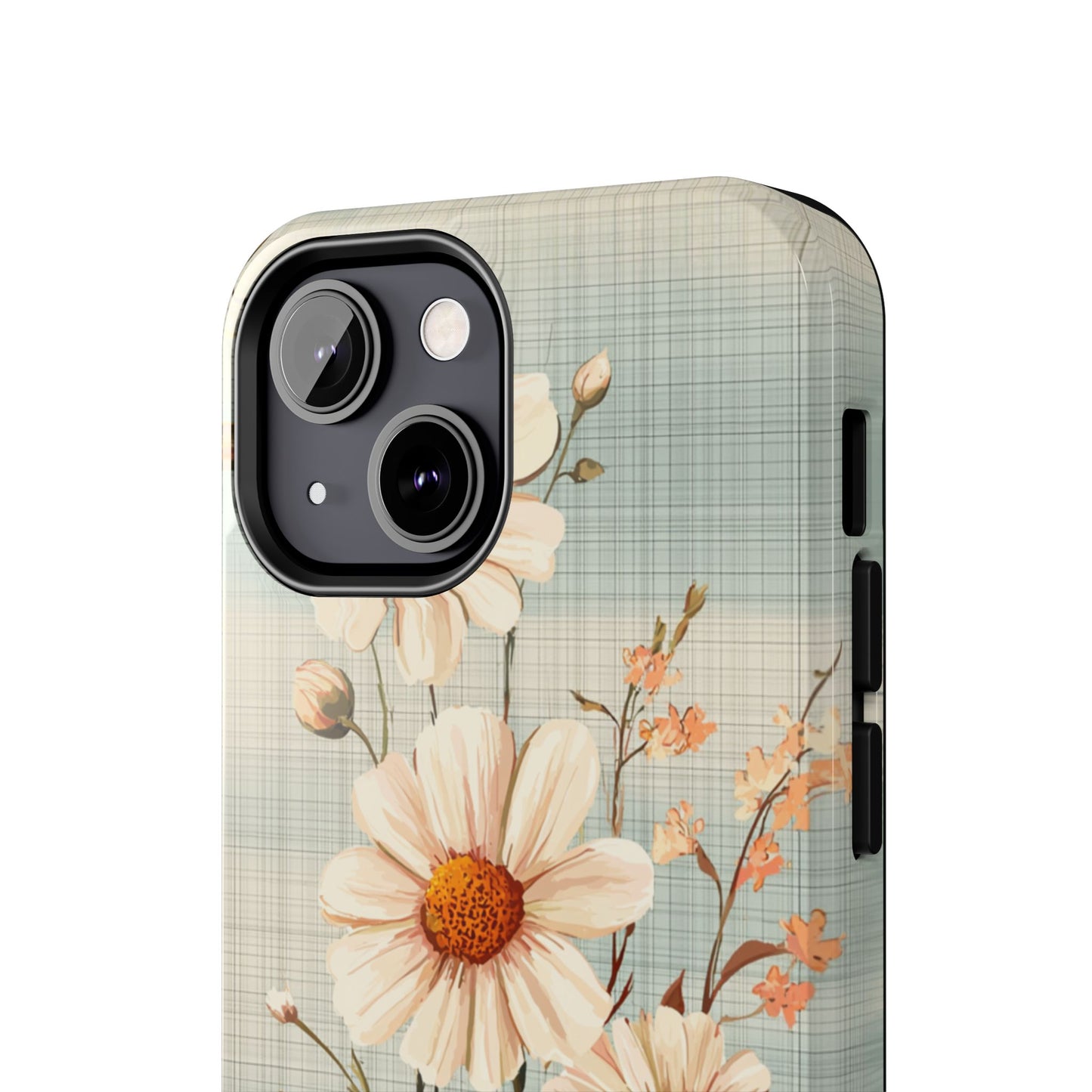 Vintage Plaid & Daisy Floral Tough iPhone Case – Dual-Layer Protection with Retro Flower Design