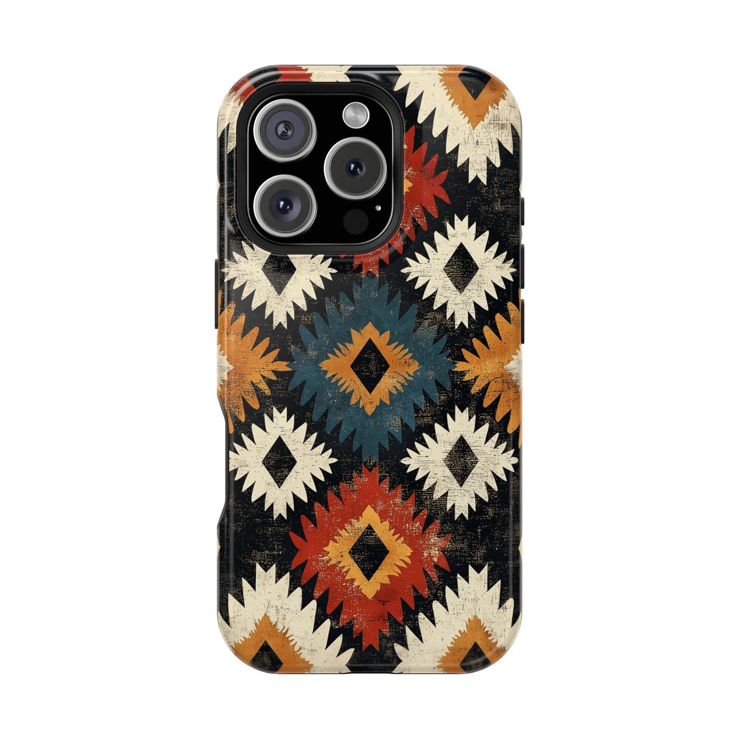 Rustic Tribal Sunburst Tough MagSafe iPhone Case – Vibrant Geometric Design, Dual-Layer Protection