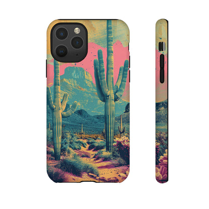 Desert Oasis Retro Cactus Phone Case - Vibrant Sunset Landscape for iPhone 15/14/13/12, Samsung S24/S23/S22/S21, & Google Pixel