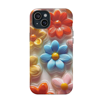 Glossy Retro Flower MagSafe iPhone Case – Colorful 3D Floral Design, Durable Protection