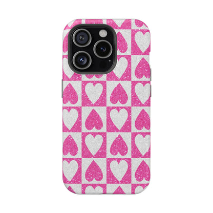 Pink Glitter Heart Checkered Pattern MagSafe Case