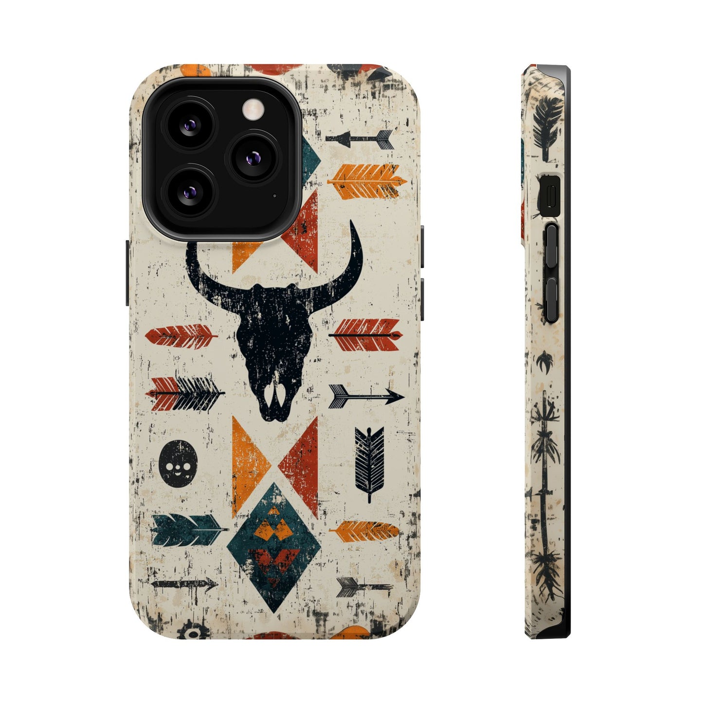 Tribal Bull Skull & Arrows Tough MagSafe iPhone Case – Rustic Western Design, Dual-Layer Protection