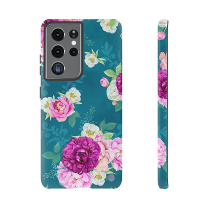 Elegant Peony Bouquet Samsung Galaxy Case – Deep Teal Background with Romantic Floral Design