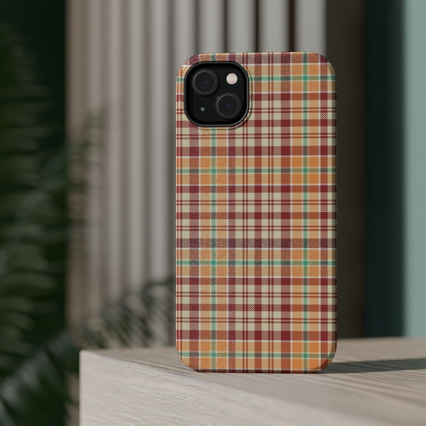 Retro Chic Plaid MagSafe iPhone Case in Red, Orange, Green & Cream – Vintage Design Meets Modern Tech