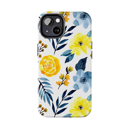 Golden Yellow & Sky Blue Floral – Watercolor Botanical iPhone Case