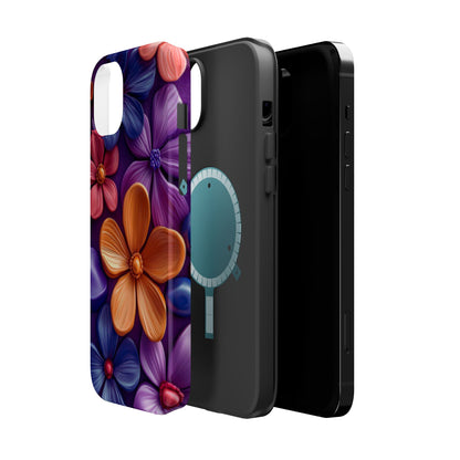 Bold Floral 3D MagSafe iPhone Case – Vivid Purple and Orange Flower Design, Shock-Resistant