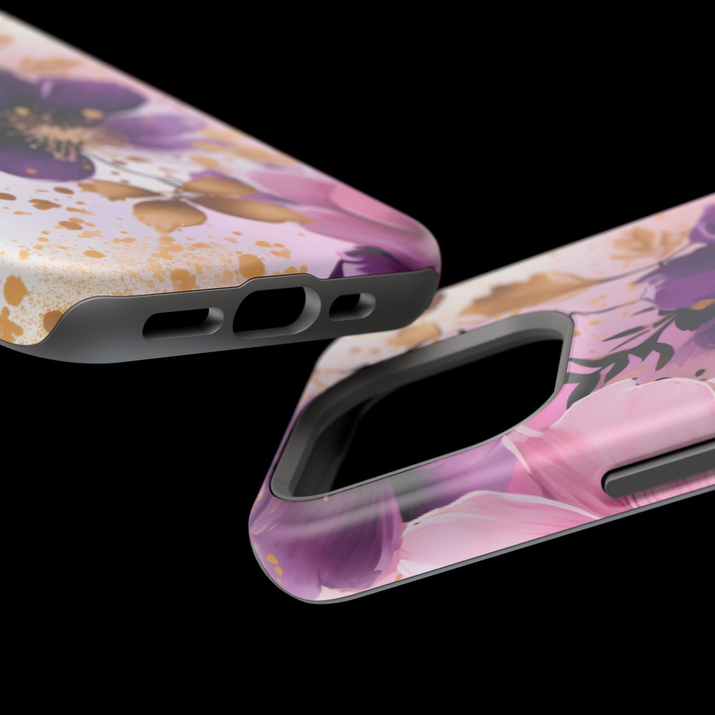 Elegant Purple & Gold Floral MagSafe iPhone Case - Luxe Flower Design