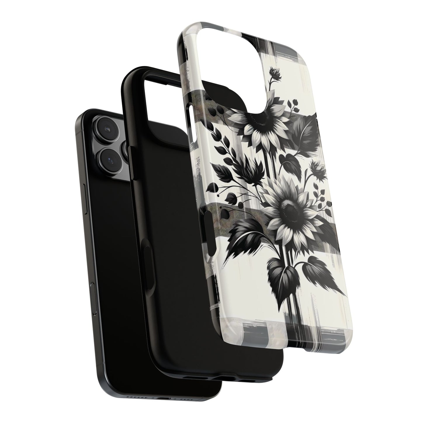 Black/White Sunflower Plaid Phone Case - Chic Noir Sunflower Plaid - Premium Protective Phone Case For iPhone, Samsung Galaxy, & Google. - BOGO Cases