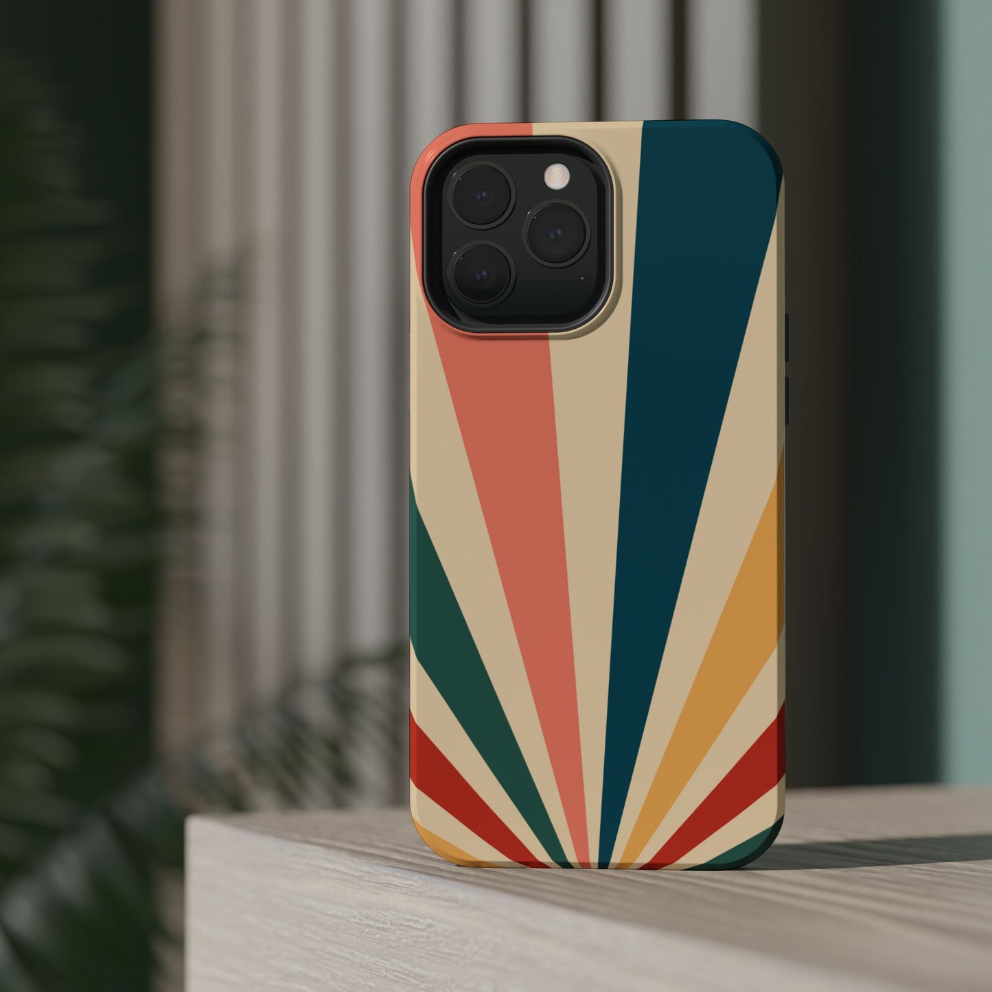 Retro Sunbeam MagSafe iPhone Case – 70s-Inspired Radiating Stripes in Coral, Teal, and Mustard