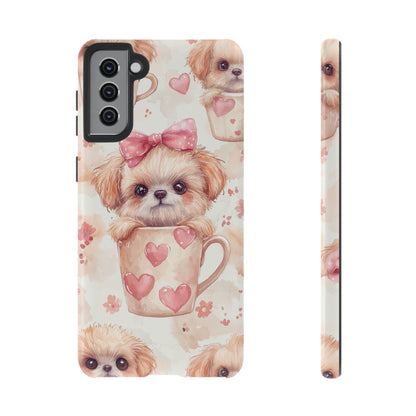 Adorable Puppy in Teacup Samsung Galaxy Case – Tough, Dual-Layer Protection with Cute Pink Bow Design