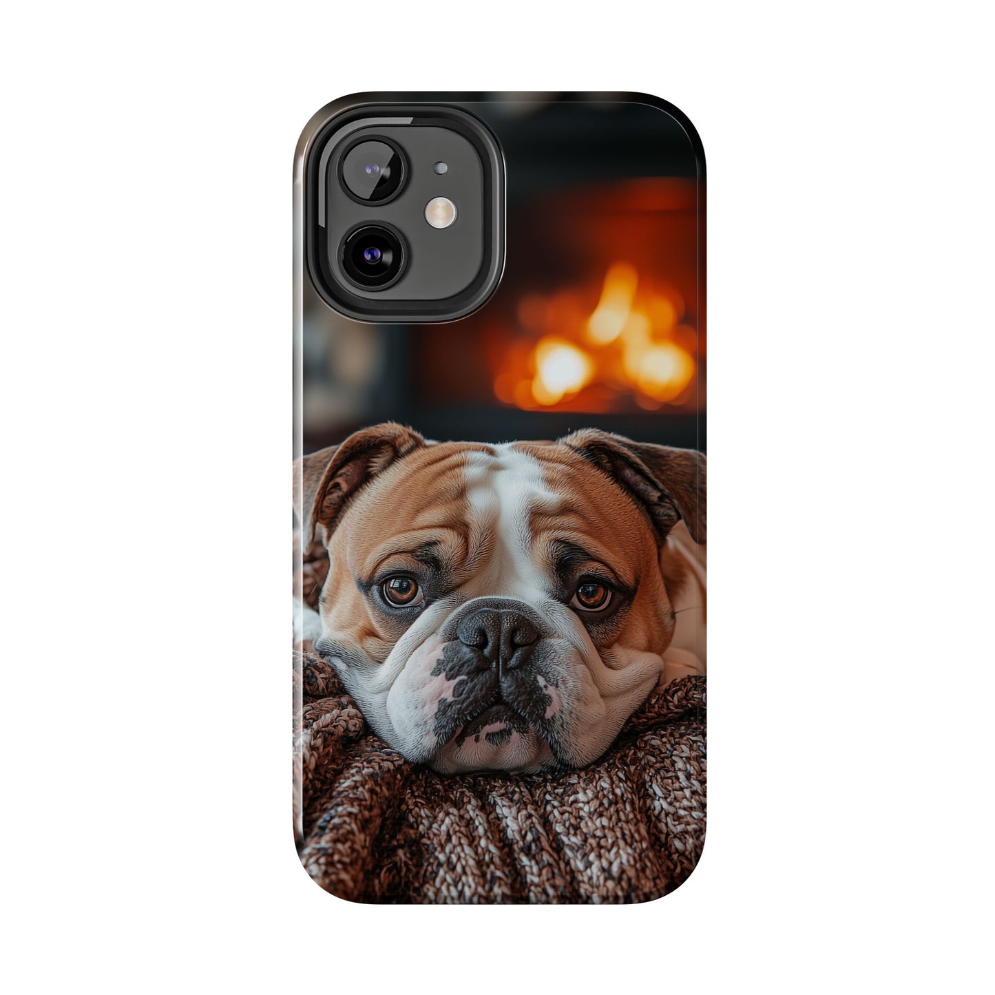 Cozy Bulldog iPhone Case – Fireside-Inspired Protective Cover Description: