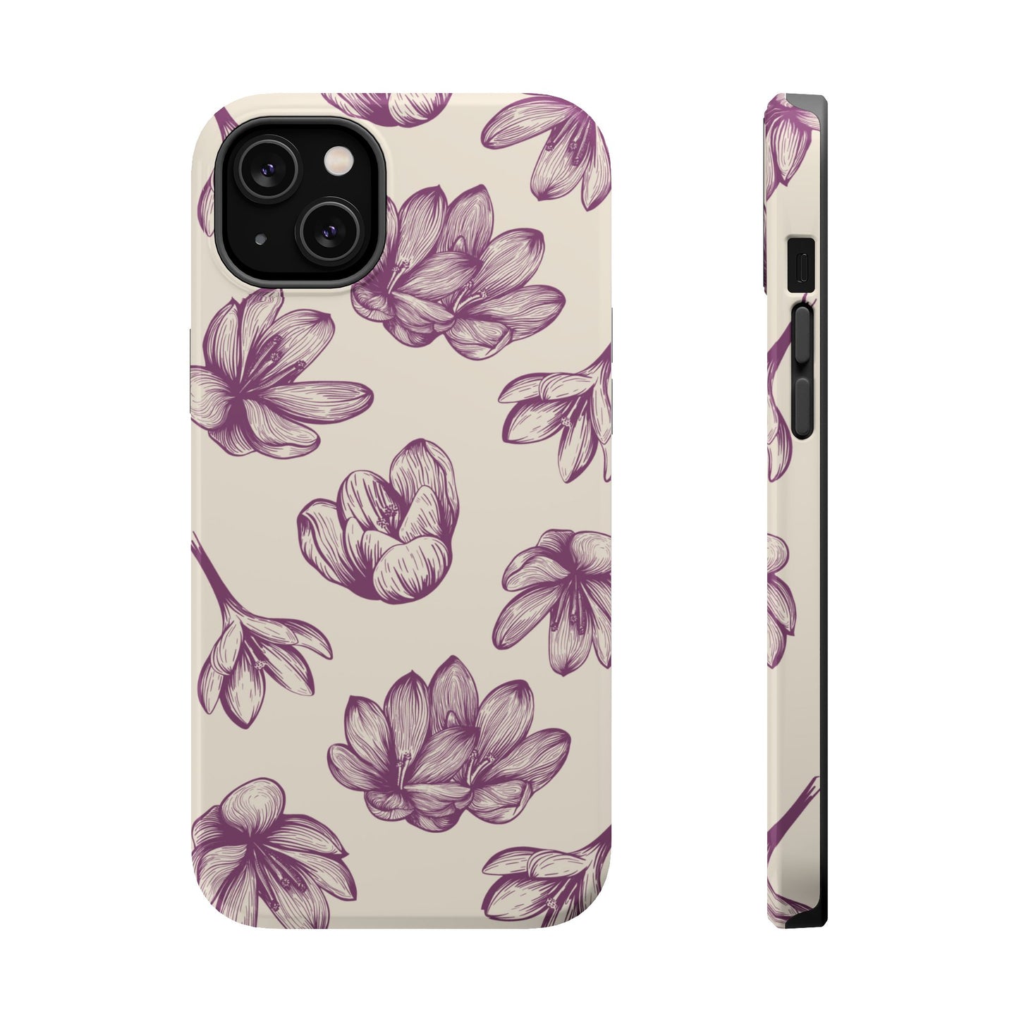 Vintage Botanical Floral Tough MagSafe iPhone Case – Hand-Drawn Purple Flowers, Shockproof Design