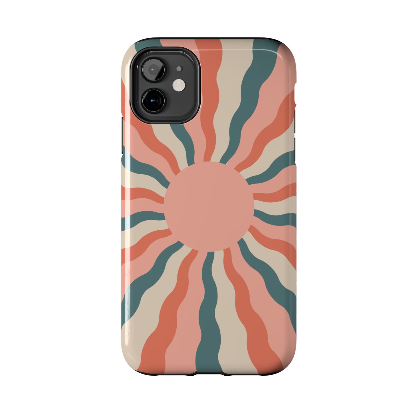 Retro Sunburst iPhone Case – Bold 70s-Inspired Waves in Coral, Teal, and Cream