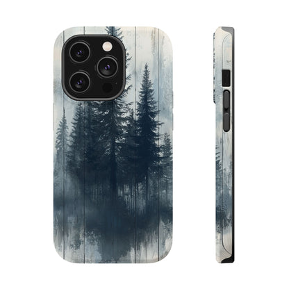 Rustic Pine Forest MagSafe iPhone Case - Blue Toned Woodland Design