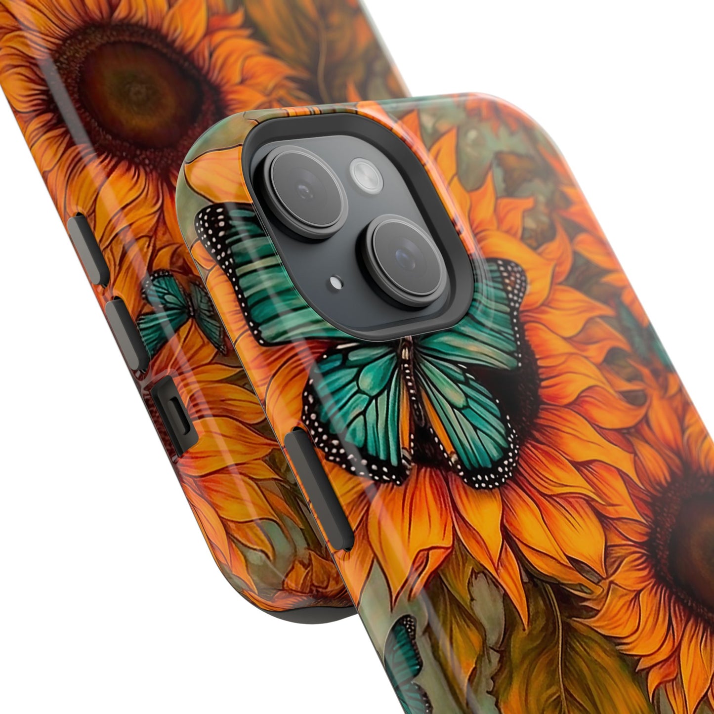 Vintage Blue Butterfly & Sunflower Art – MagSafe iPhone Case