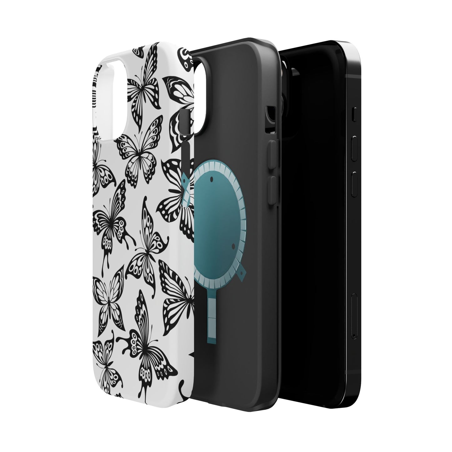 Monochrome Butterfly Pattern Tough MagSafe Case – Dual-Layer Protection with Matte Finish