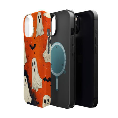 Spooky Ghosts & Bats  MagSafe iPhone Case – Vibrant Orange Halloween Design