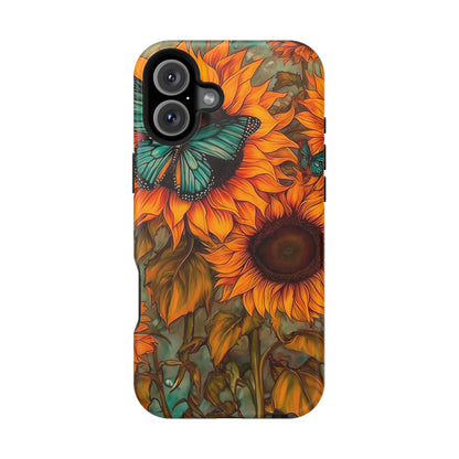 Vintage Blue Butterfly & Sunflower Art – MagSafe iPhone Case