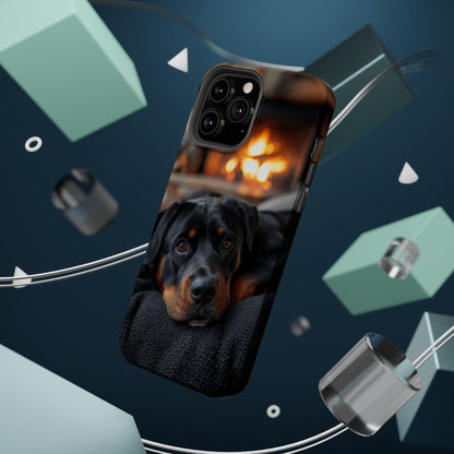 Charming Rottweiler by the Fireplace MagSafe iPhone Case – Cozy & Functional Design