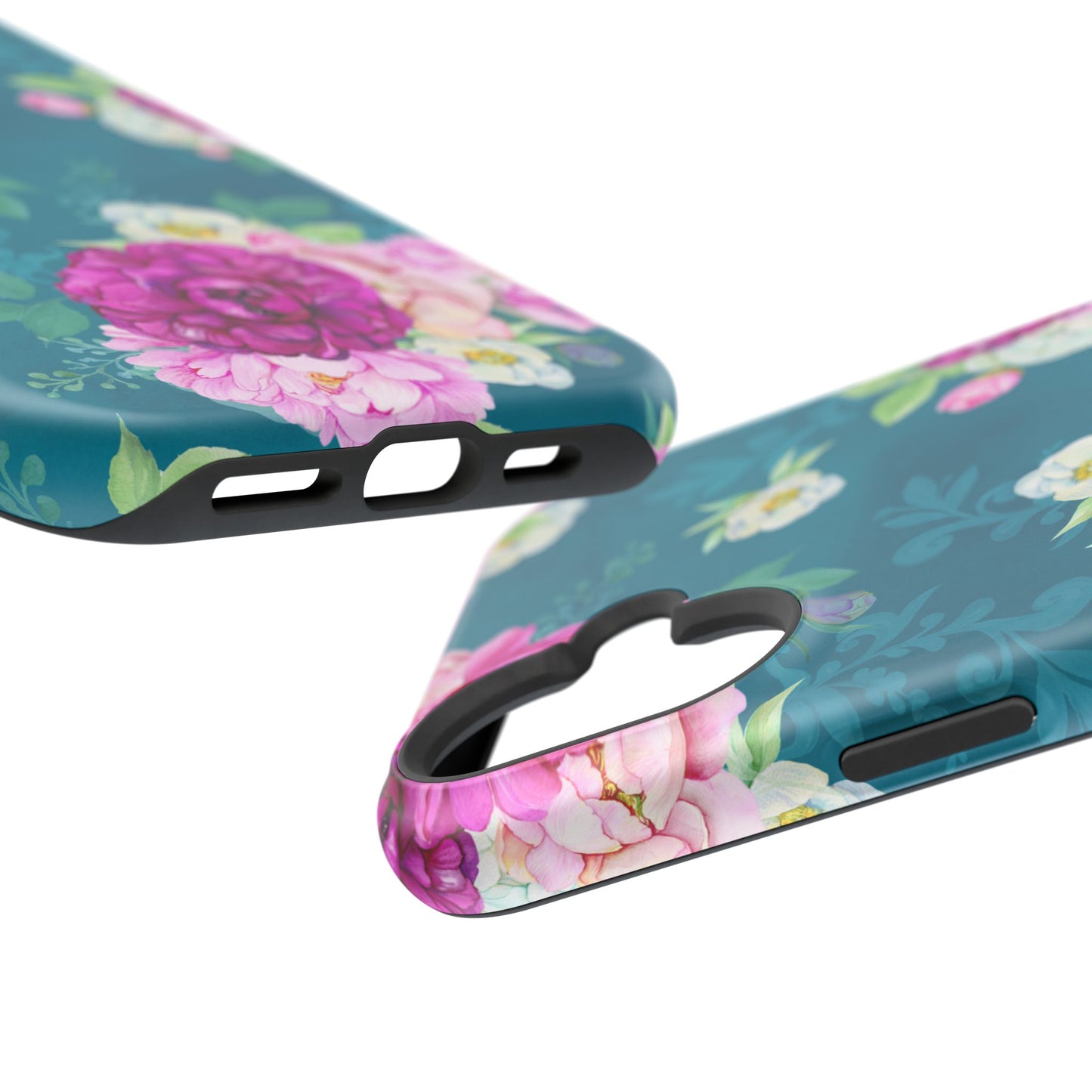 Elegant Peony Bouquet MagSafe iPhone Case – Deep Teal Background with Romantic Floral Design