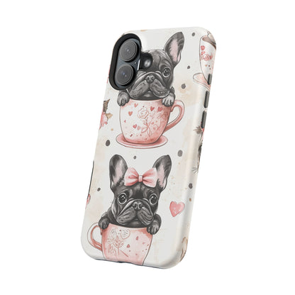 French Bulldogs in Teacups MagSafe iPhone Case – Cute Dog Design with Hearts & Bows, Shockproof & Slim