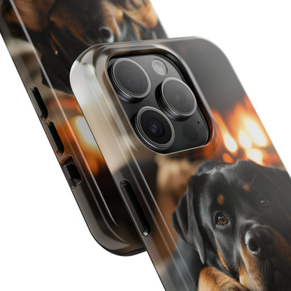 Cozy Rottweiler by the Fireplace iPhone Case – Warm Rustic Design