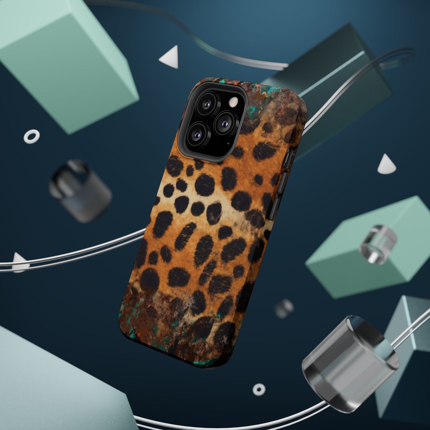 Rustic Leopard Print Tough MagSafe iPhone Case – Distressed Turquoise and Animal Pattern with Dual-Layer Protection