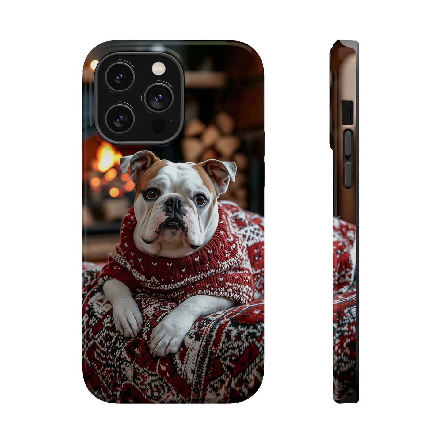 Cozy Bulldog in Sweater MagSafe iPhone Case – Festive Fireplace Protective Cover