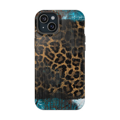 Boho Leopard and Turquoise Tough MagSafe iPhone Case – Rustic Western Design with Dual-Layer Protection