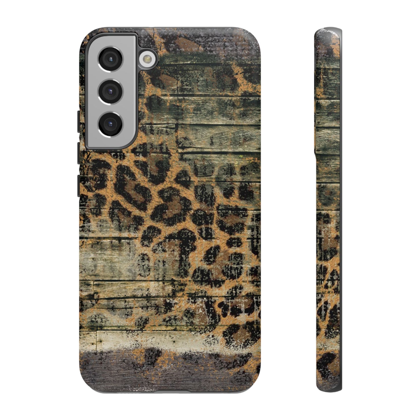 Rustic Wood and Leopard Print Tough Samsung Galaxy Case – Distressed Western Design with Dual-Layer Protection