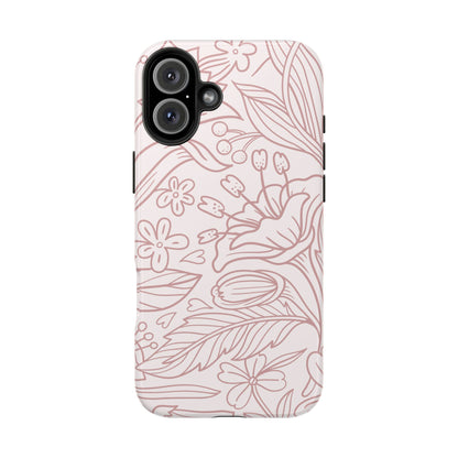 Blush Floral Line Art Tough iPhone Case – Delicate Minimalist Design with Dual-Layer Protection