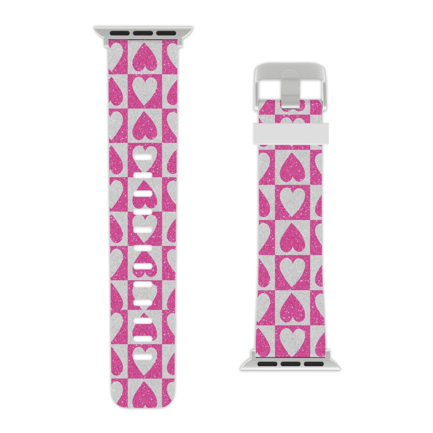 Pink Glitter Heart Checkered Pattern Apple Watch Band