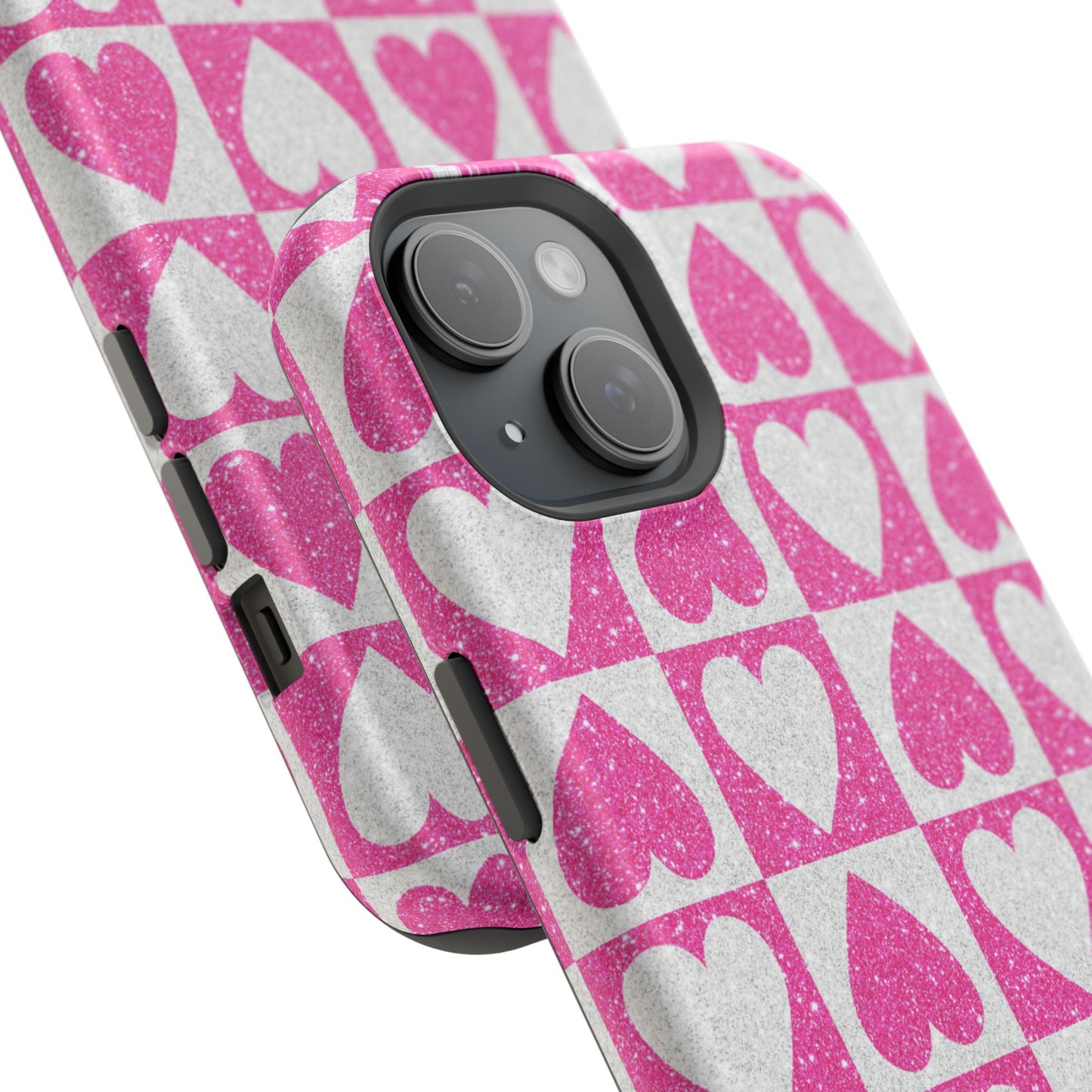 Pink Glitter Heart Checkered Pattern MagSafe Case