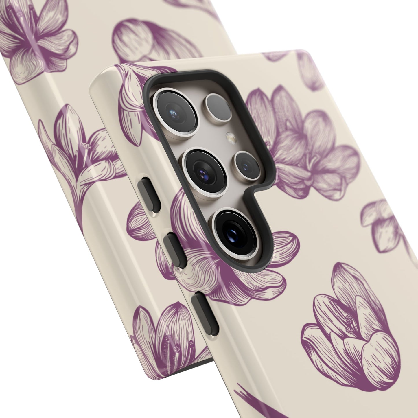 Vintage Botanical Floral Tough Samsung Galaxy Case – Hand - Drawn Purple Flowers, Shockproof Design - BOGO Cases