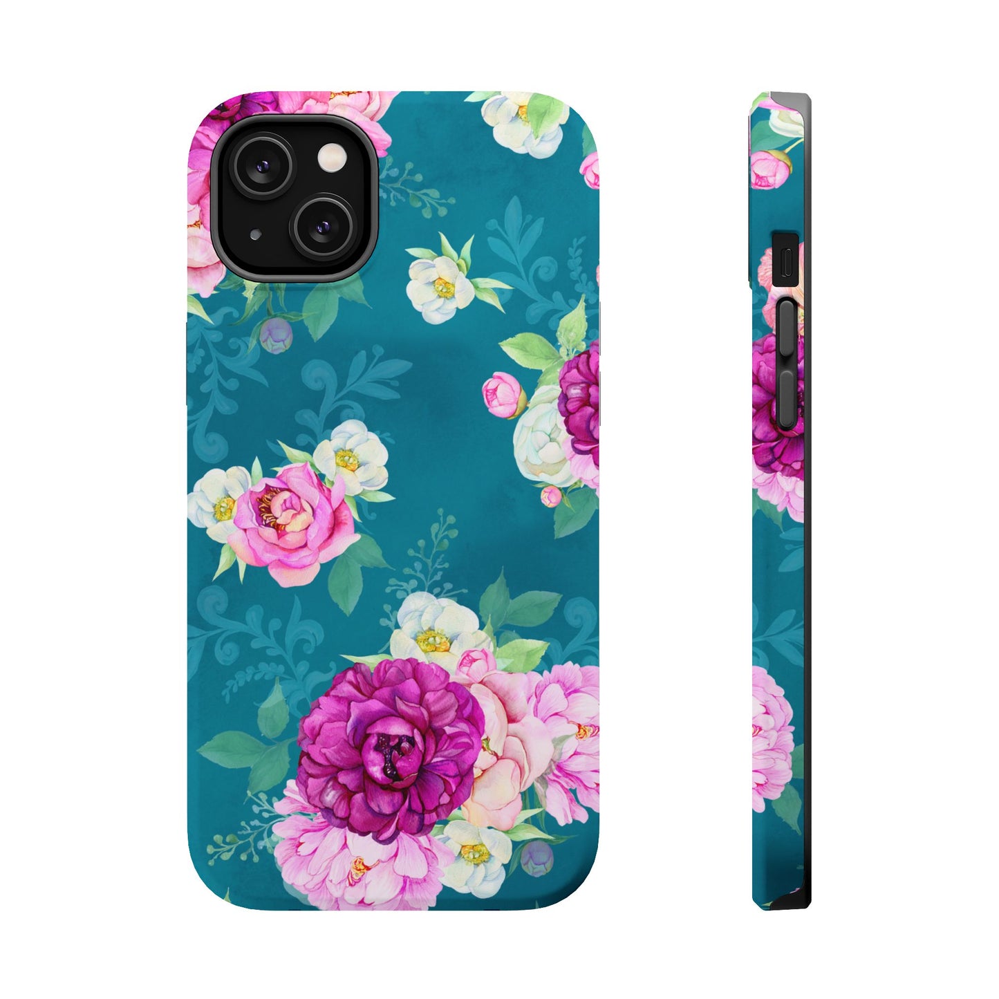 Elegant Peony Bouquet MagSafe iPhone Case – Deep Teal Background with Romantic Floral Design