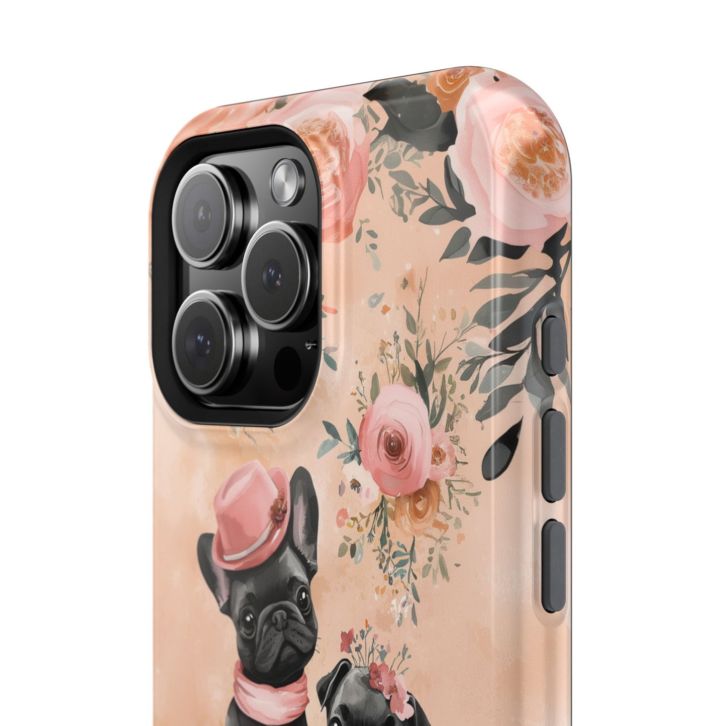 Floral French Bulldogs MagSafe iPhone Case – Elegant Dog Design with Tea Cups & Roses, Shockproof Protection