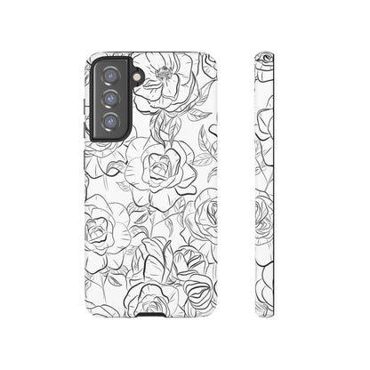 Monochrome Rose Garden Tough Samsung Galaxy Case – Elegant Floral Line Art with Dual-Layer Protection